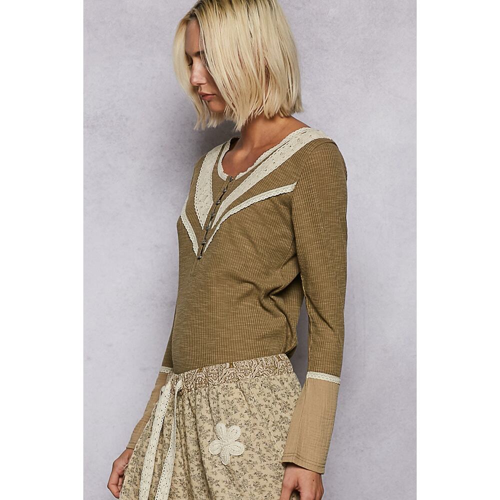 POL Half Button Lace Detail Long Sleeves Crew Neck Casual Rib Knit Top | Olive - Picture 4 of 6